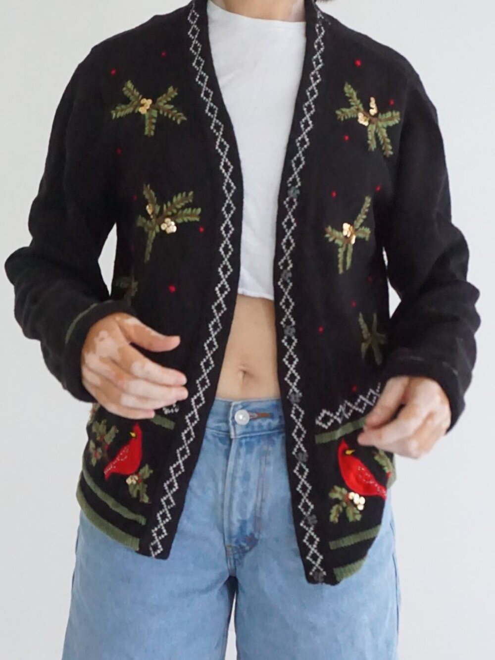 Vintage Reference Point Black Red Cardinal Holly Ugly Christmas Cardigan L